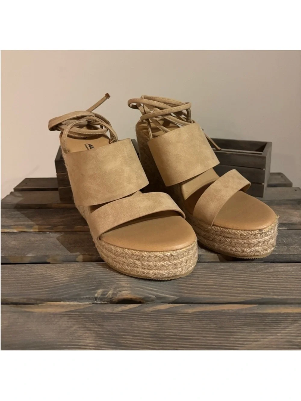 Women's Tan Espadrille Platform Sandals with Ankle Tie